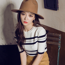 Counter 2021 spring and summer new round neck five-point sleeve sweater womens Korean version of striped mid-sleeve bottoming shirt thin section