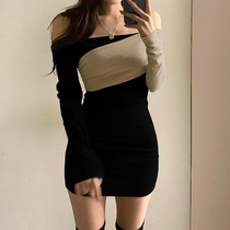 Famous Yuan Splicing Dew Shoulder Collarbone Long Sleeve Tight Fit Dress Feminine Sense slim fit Hip Short Skirt Temperament 100 lap