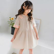 Korean girl college style dress 2021 summer new middle child childrens lapel loose short sleeve princess dress