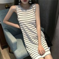 Harbor wind black and white stripes sleeveless T-shirt dress female summer Han edition tidal outer wearing a dress topper