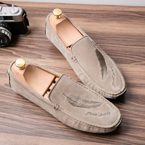 Hong Kong trend Bean shoes leather men Korean print lazy one pedal European station breathable casual frosted leather shoes