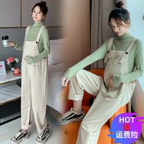 Pregnant Woman Back Belt Pants Spring Autumn Money Loose Casual Straight Drum Pants Fall Outside Wearing Conjoined Pants Gestation Woman Dress Autumn Clothing Suit