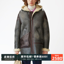  GG LIMITED imported mens lamb fur fur one-piece jacket mid-length B3 hooded fur splash ink color