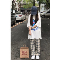 Plaid pants womens pants slim straight tube autumn and winter high waist high hanging loose casual summer ice silk wide leg trousers