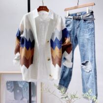 2022 Fall New Womens Dress Rhomboid Bangs LAZY SWEATER SWEATER LOOSE CARDIOVERT WOOL KNIT CARDIOVERT THICKENED JACKET