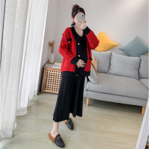 Pregnant women autumn coat small fragrant wind Plaid pregnant women autumn set two-piece pregnant women sweater long base shirt