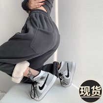 ADER autumn and winter plus velvet thickened lamb velvet pants womens gray loose casual all-match straight trousers wide-leg pants