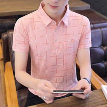 Summer mens short-sleeved t-shirt Korean version of the trend pink half-sleeve body ice silk collar tide brand top polo shirt men
