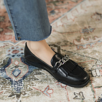 Retro soft leather bean shoes horse title buckle Lefu small leather shoes one foot pedal 2021 new Inren wind flat single shoe woman