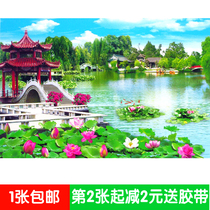 Landscape landscape flower waterfall without back glue wall stickers decorative painting oversized Jiuqu Bridge Pavilion Lotus 7986