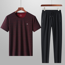 2022 Summer New Ice Silk Middle Aged Sports Suit Mens Speed Dry Dad Casual Seamless Process Short Sleeve Clothes