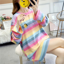 Rainbow stripe long cotton long sleeve T-shirt female 2021 early spring new Korean loose size fat mm top