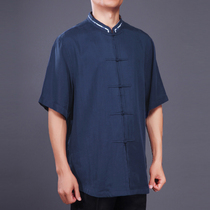 befocus long Chinese nan xia zhuang new short-sleeved tops in young and middle-aged ethnic blue-and-white porcelain with the Tencel ultrathin L