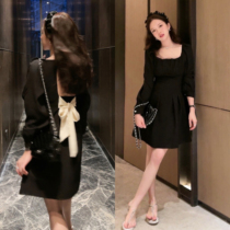 TMH STUDIO HEBEN DRESS Dress Girl Butterfly Knot Hollowed-out Design Sensational Style Retro Spring Small Black Dress