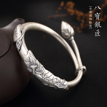 S990 foot Silver original retro Pisces opera lotus flower sterling silver National style lady bracelet open for mother