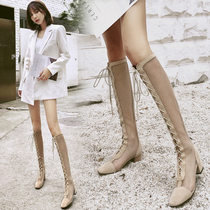 2022 Summer Coarse heel Genuine Leather Hollowed-out Boots Mesh Yarn Cool Boots Sandals Slim LONG BARREL SUMMER BOOTS SQUARE HEAD MESH BOOTS