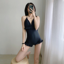 Swimsuit female one-piece sexy Korean ins small chest gathered to cover the belly and show thin backless straps Hot spring vacation swimming suit