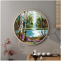 ABV Old three cross stitch cotton thread embroidery precision printing round embroidery living room scenery Lake birch forest