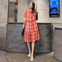 Maternity dress 2021 summer new fashion plaid top out loose large size short-sleeved pregnancy skirt