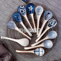 Japanese-style long-handled drinking spoon household medium-sized ceramic spoon commercial blue and white porcelain spoon spoon soup noodle restaurant special spoon