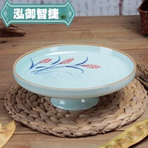 Ceramic Tray Home Hotel High Foot Green Porcelain Dish Fruit Tray Snack Fruit Dish Hand-painted Dry Tribute