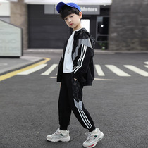 Boy autumn suit foreign style fashionable sports 2021 New handsome reflective medium child Korean hooded two-piece set