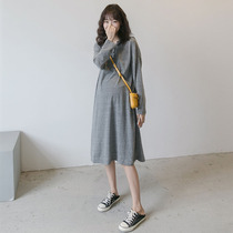 Easy and casual ~ autumn dress for pregnant women Korean fashion cotton hooded T-shirt long skirt out lactation skirt top