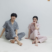 Couple pajamas short sleeve trousers cotton suit large size cardigan casual spring summer male lady home clothes Plaid size size