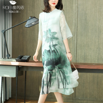 Hangzhou silk dress women Summer vintage print crepe silk skirt over the knee Medium-length dress 2020 new women