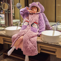 Nightgown womens autumn and winter long three-layer cotton thickened and velvet pajamas female coral velvet winter home clothes can be worn outside