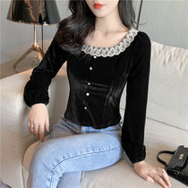 2021 Spring and Autumn Ladies Shirt French Retro Wear Velvet Mosaic Lace Waist Skinny Joker Short Top