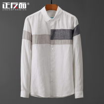 Collision Color Splicing Loose Pure Linen Square Collar Mens Long Sleeve Shirt Casual Comfort Hemp Material Mens Clothing Linen Clothing E