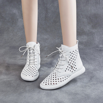 Cool boots female hollow short boots 2020 new English style single boots leather lace Joker breathable flat boots