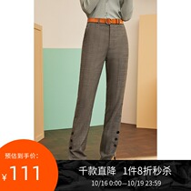 Lily spring new womens business gray check stitching button split straight pants 119120C5204ZB