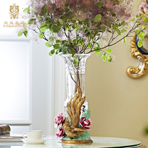 Phoenix Beauty Residence Eurostyle Transparent Crystal Glass Copper Base Ceramic Red Flowers Decoration Vases High-end Flower Inserts