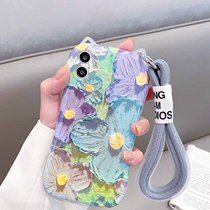 Cat Ear Oil Painting Flower Apple 12 13pro max shell applicable iPhone13 full package 11 anti-fall hanging rope