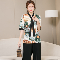 Korean version of the new large size womens fat MM cover belly thin top summer V-neck front shoulder short-sleeved printed chiffon shirt women