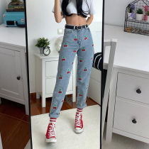H home sweet age Light Blue Cherry embroidery straight pencil pants women cute fresh academic style thin jeans