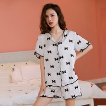 Ice Silk Pyjamas Woman 2021 New Summer Thin SEXY SHORT SLEEVE SHORTS SUIT NETS RED POPS HOME