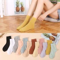 (5-10 pairs) Socks Korean version of Chinese womens socks solid color autumn and winter cotton socks sweat and deodorant conventional sweet student socks