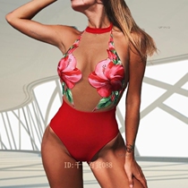 Red flower mesh perspective bikini conjoined swimsuit women