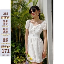 MICHELLLYMO French style first love small white dress V collar high waist dew back lace hollowed-out bag buttoned with dress short