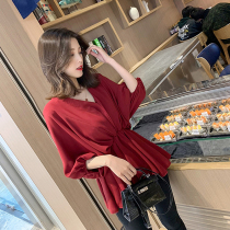 Maternity wear V-neck Western style mid-length top 2022 new red shirt pregnant women summer belly-covering chiffon shirt
