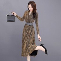 Guangzhou Ximiao clothing dress womens spring and autumn season 2021 autumn new waist thin temperament long skirt stripes