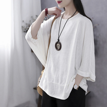 Han Suoyi Retro Art Summer Cotton and Hemp Solid Color Jacket Women's Loose Lazy Wind Seven-point Sleeve Thin T-shirt Women's Wear