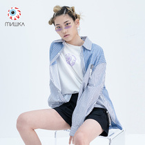 Mishka Big Eye Ball Tide Brand 2021 Autumn Winter Loose Striped Splice Print Shirt Long Sleeve Top