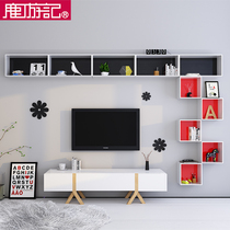  Wooden bookshelf Wall-mounted wall shelf TV background wall decoration rack Wall cabinet shelf partition creative grid