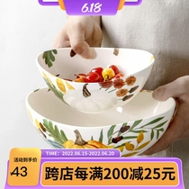 American Creative Fruit Salad Bowl Individuality Ceramic Oval Home Bowl Large Number Cartoon Hand-painted Soup Bowl Cool Mixing Bowl