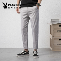  Playboy summer thin mens casual pants loose trend long pants pure cotton straight slim nine-point mens pants