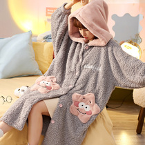 Pajamas Woman Autumn Winter Long Sleeves Long Plush Sleeping Robes Garnter Thickened One-piece Hat Lady Warm Flannel Suede Home